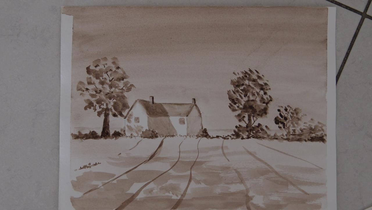 Ferme à l'aquarelle sépia